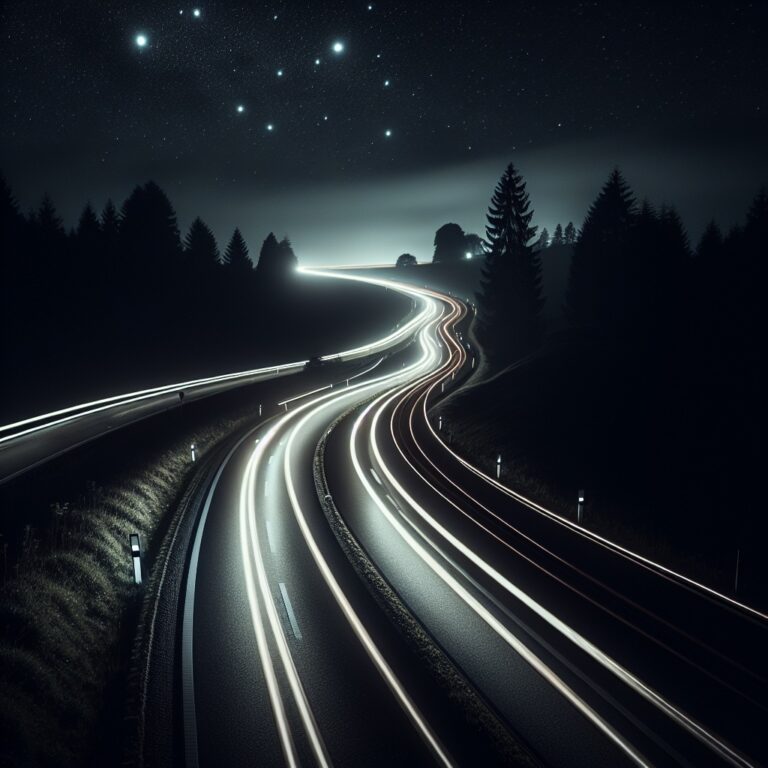Winding highway light trails under starry sky