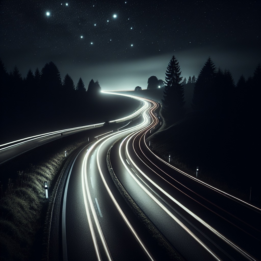 Winding highway light trails under starry sky