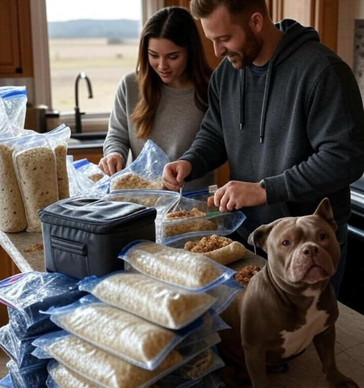 Couple packing meals into ziplock bags with dog