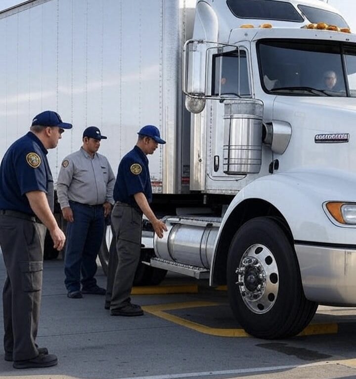 Inspectors examining white semi-truck at checkpoint
