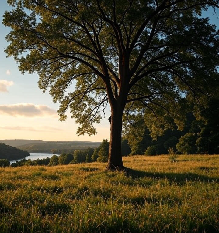 Large tree overlooking lake at sunset