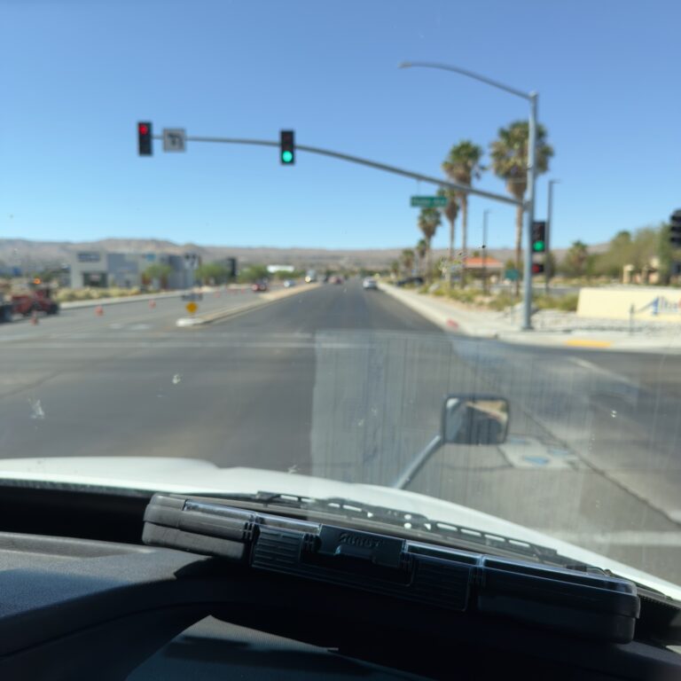Driver's view of intersection with green light