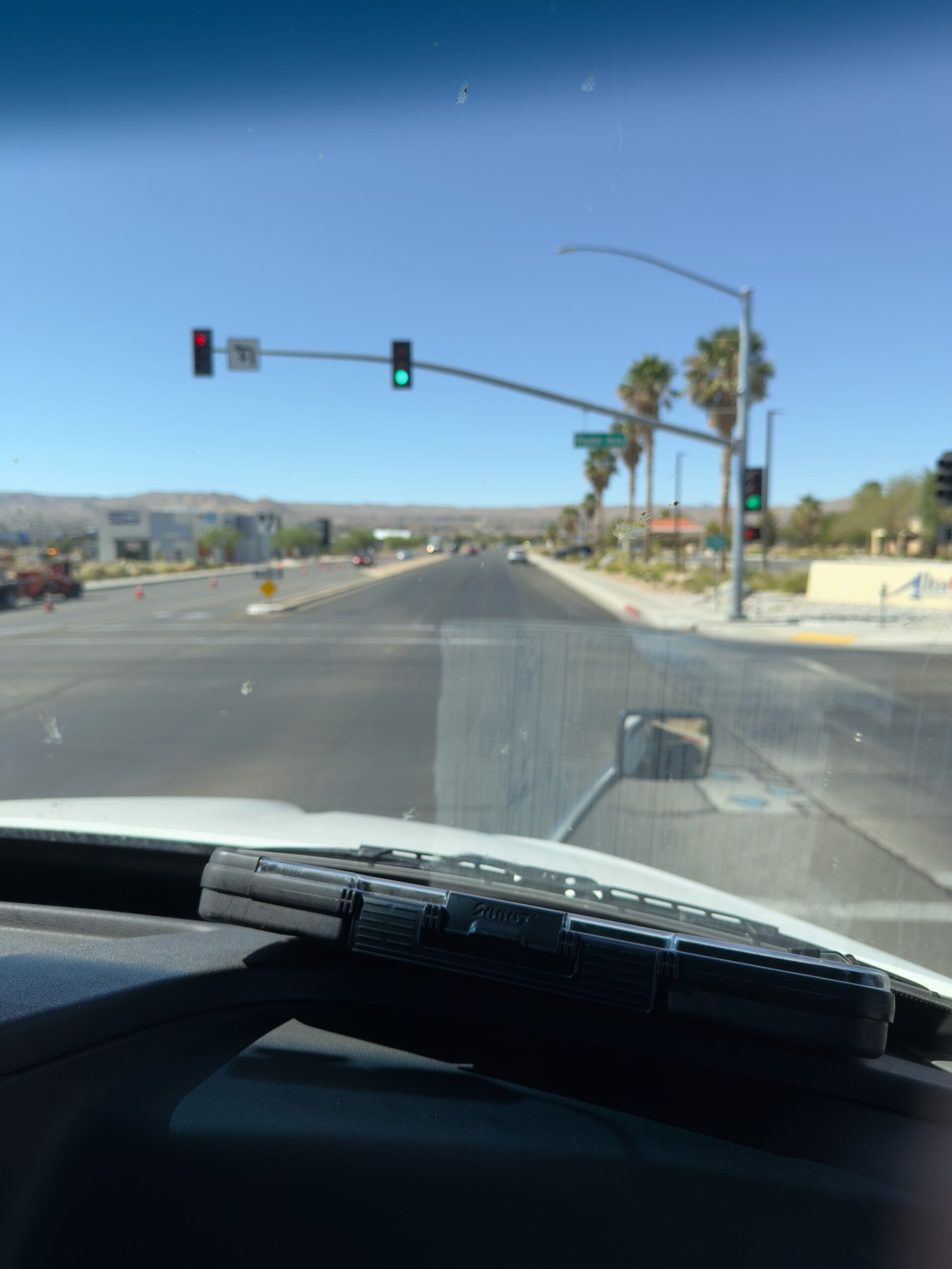 Driver's view of intersection with green light