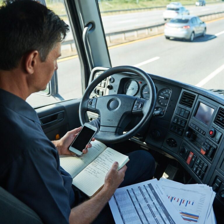Truck driver using phone and taking notes